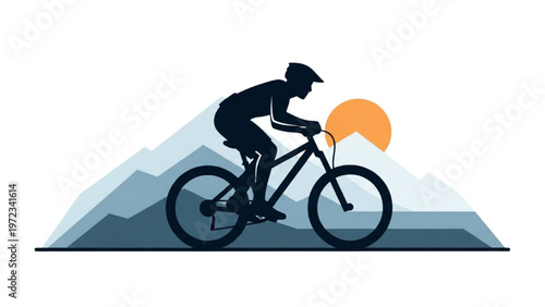 Cyclist rides bicycle up mountain with vector CAD design sunset