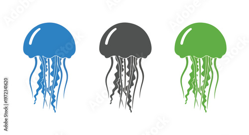 Three stylized jellyfish in blue, gray, and green colors floating gracefully in a clear white background