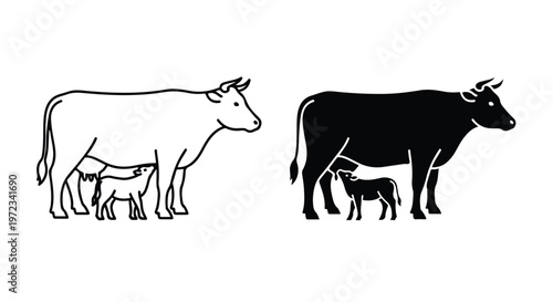Simple outline and silhouette illustrations of a mother cow with her calf drinking milk on a white background