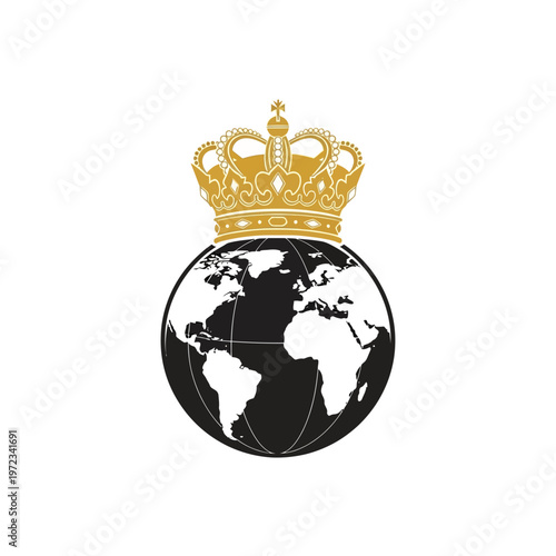 Global Crown Emblem: World Globe with Royal Crown Symbolizing Power, Authority, and International Leadership