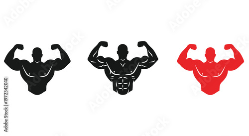 Three stylized silhouettes of muscular bodybuilders flexing their biceps in black, white, and red on a plain background