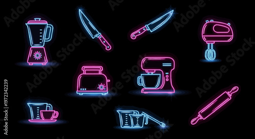 Neon kitchen icons including blenders and mixers on a dark background with glowing effect