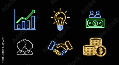 Neon icons depict business growth and finance concepts with people and money.