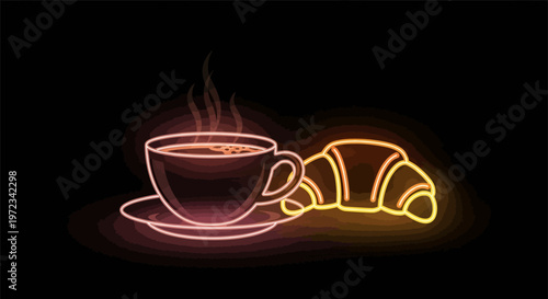 Neon illustration of steaming coffee cup and croissant on dark background