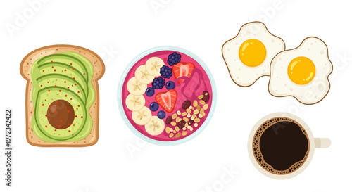 A vibrant breakfast spread featuring avocado toast, smoothie bowl, eggs, and coffee on a clean surface