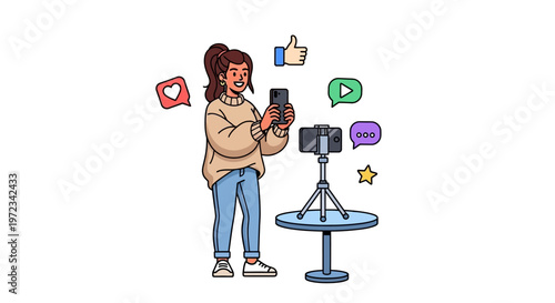 A young woman records a video on her phone for social media with a camera on a tripod nearby.