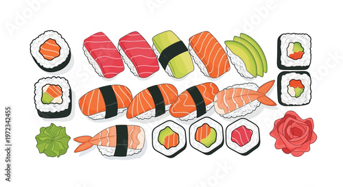 A vibrant illustration of various sushi pieces arranged on a plate with green leaves.