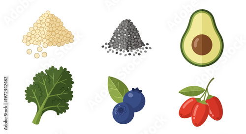 Illustration of healthy food ingredients including oats, chia seeds, avocado, kale, blueberries, and goji berries.