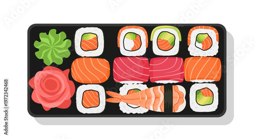 A colorful illustration of sushi and sashimi on a black plate with wasabi.