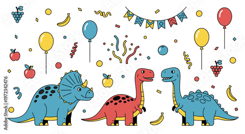 Three dinosaurs celebrate with balloons and confetti at a festive party scene with food