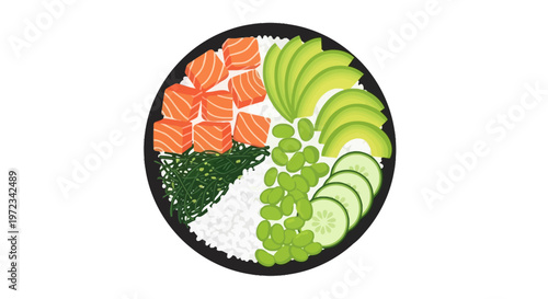 Delicious sushi bowl with salmon avocado cucumber and seaweed on rice