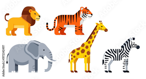 A colorful illustration of lion, tiger, giraffe, elephant, and zebra standing together.