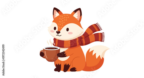 A cartoon red panda holds a steaming cup of coffee while wearing a scarf.