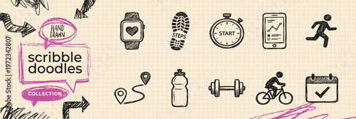 Black ink scribble minimalist artificial intelligence AI icon set hand drawn doodle machine learning illustrations on pure white background