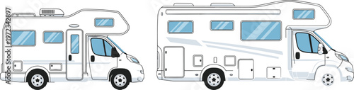 Modern Motorhome and Camper Van Set with White RV Caravan Vehicles for Travel, Camping, Road Trip Adventure, and Mobile Living Illustration
