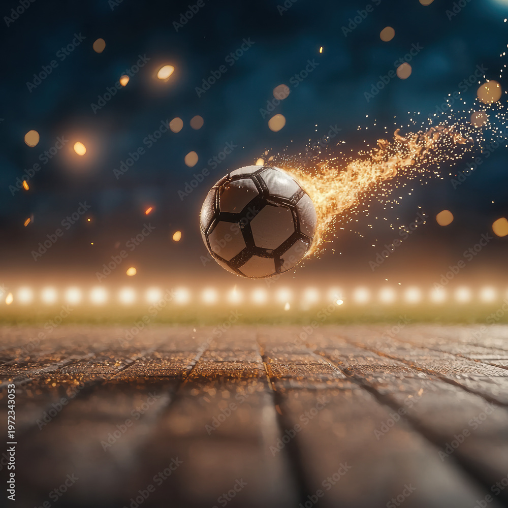 Fototapeta premium Soccer ball fire flying night stadium energy dynamic motion spark dramatic illuminated field competition excitement action
