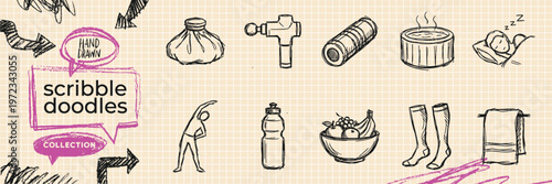 Black ink scribble minimalist children toys game icon set hand drawn doodle playtime illustrations on pure white background