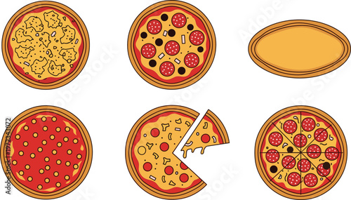 Pizza Preparation and Topping Stages Collection with Dough Base, Cheese, Pepperoni, and Sliced Pizza Illustration for Fast Food Menu and Cooking Design