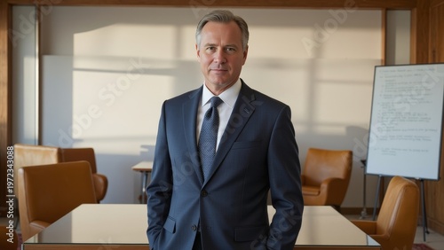 A man in a suit standing in an office meeting room.