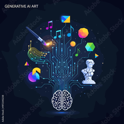 Generative AI Art: A visual representation of artificial intelligence creating art, music, and design, inspired by a human brain.