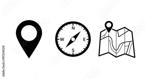 Navigation icons representing location direction and mapping concepts for travel and guidance.