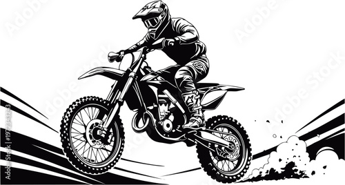 Motocross Rider Jumping Dirt Bike in Dynamic Black and White Illustration