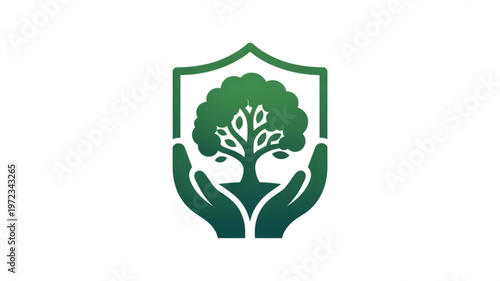 A green shield with a tree and hands icon representing eco protection