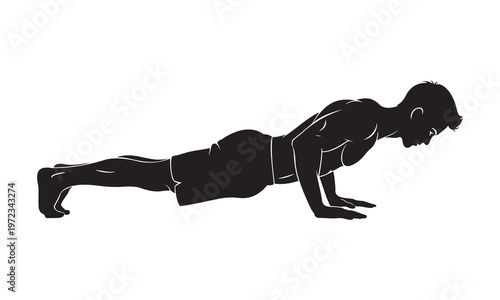 Athletic male silhouette performing pushups, fitness man doing bodyweight strength training exercise, black vector icon of person in plank position