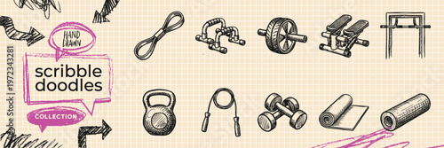 Black ink scribble minimalist scientific discovery icon set hand drawn doodle physics illustrations on pure white background