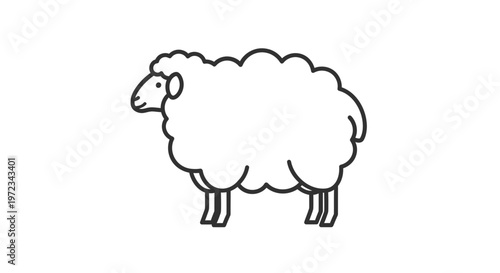 Simple line art illustration of a fluffy sheep standing sideways.