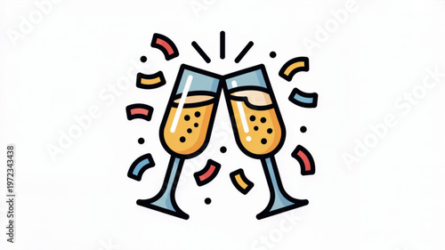 A colorful vector illustration of two champagne glasses clinking together in celebration