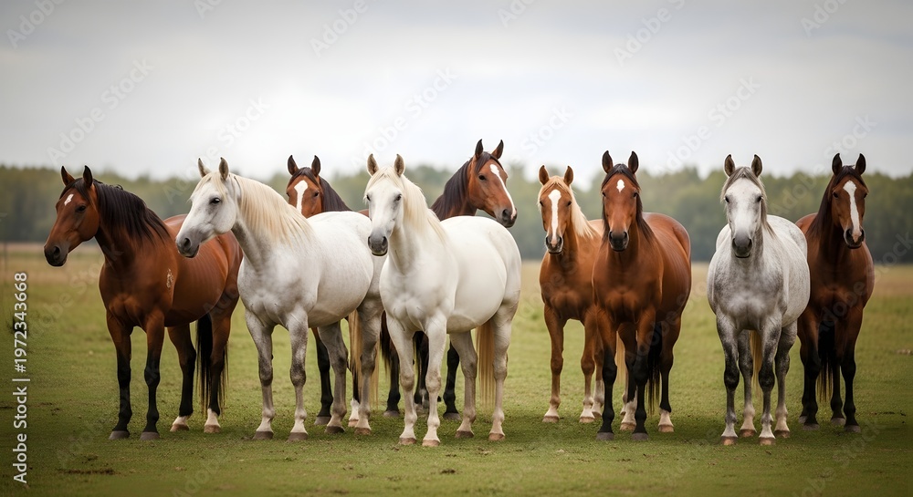 Obraz premium Herd of Horses Standing in a Field Under a Cloudy Sky.