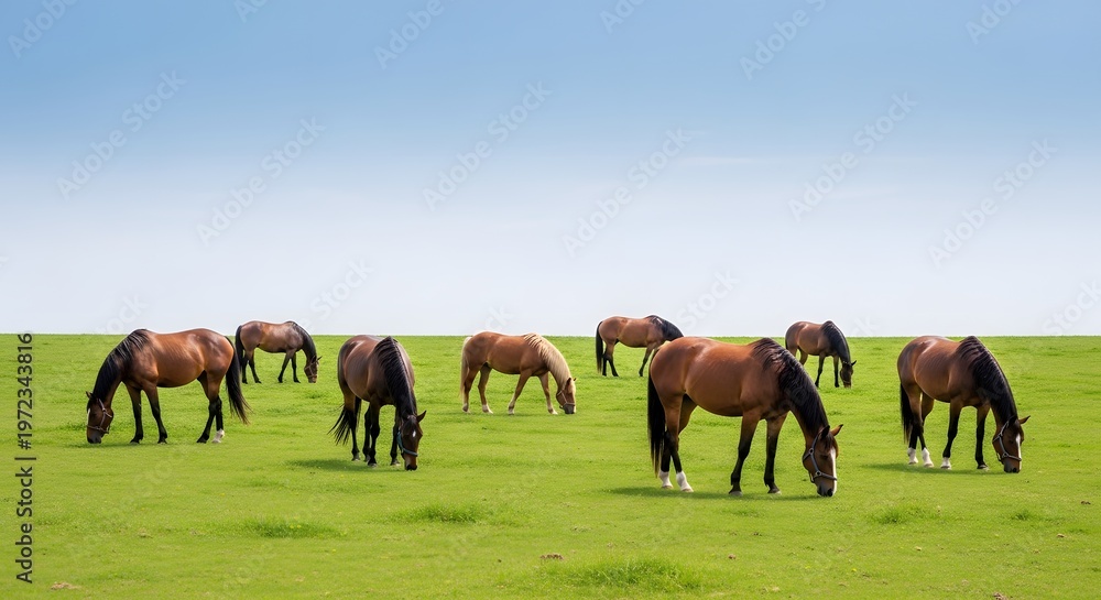 Fototapeta premium Herd of Horses Grazing in a Lush Green Meadow Under a Clear Blue Sky.
