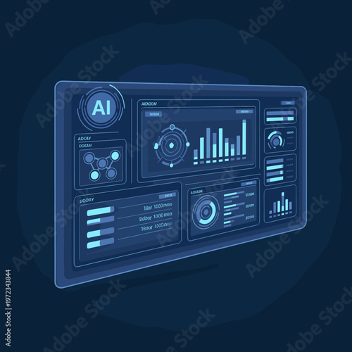 Futuristic digital dashboard displaying AI analytics, charts, graphs, and data visualizations on a dark blue background.
