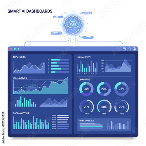 A detailed illustration of a smart AI dashboard displaying various data analytics, sales, user activity, and GPU usage metrics on a dark blue interface.