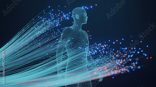 A wireframe human figure representing data flow and digital transformation with glowing particles depicting information moving through fiber optic strands.
