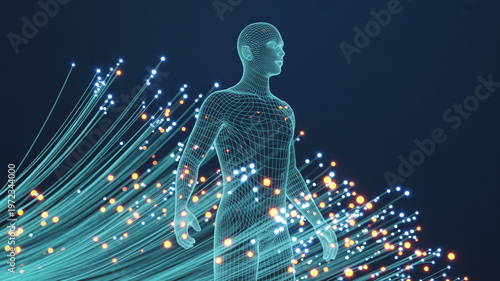 Digital human representation composed of wireframe mesh emerging from flowing fiber optic light strands, illustrating data transmission and technological integration.