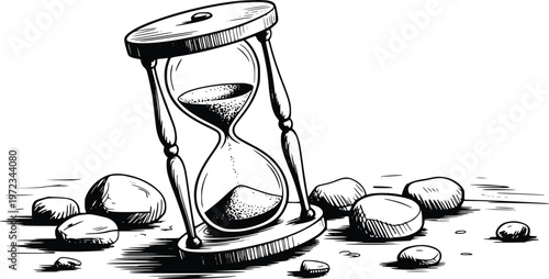 Engraving black and white graphic design drawing of a tilted hourglass surrounded by smooth pebbles and water drops representing passing time.