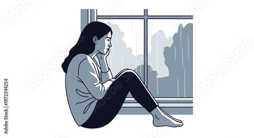 Sad Woman Looking Out Window on Rainy Day, Feeling Lonely and Reflective