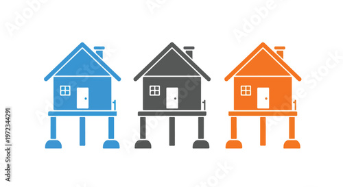 Three colorful stilt houses in blue, gray, and orange standing on white background, representing housing options