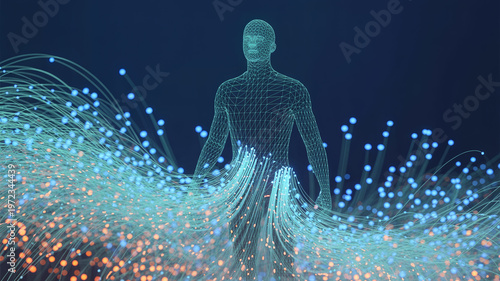 Wireframe human figure surrounded by glowing fiber optic strands representing artificial intelligence and digital evolution of mankind in virtual reality space for technology concepts.