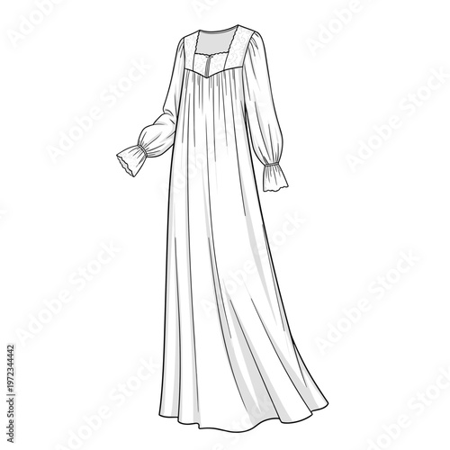 Elegant cotton nightgown with long sleeves, isolated on a white background, showcasing delicate pleats and flowing design