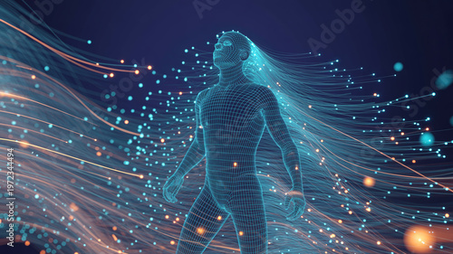 Wireframe human form surrounded by flowing streams of light and data, symbolizing digital existence, interconnectedness, and advanced technology in a dark blue setting.
