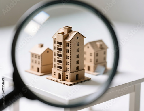 A magnifying glass look at a cardboard model of a house for purchase, investment