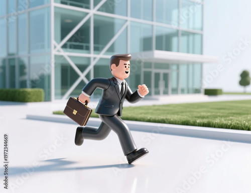A figurine of a businessman in a suit runs with a briefcase in his hands against the background of a business center