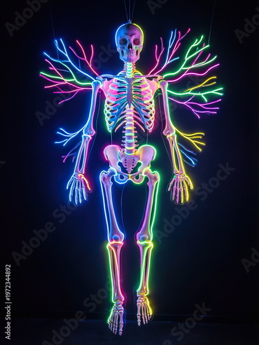 The skeleton figure glows neon on thin electric threads.