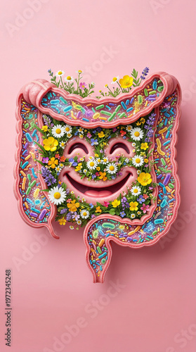 Conceptual cheerful medical photo of a healthy human gut microbiome, filled with blooming colorful flowers and symbiotic probiotic bacteria, symbolizing balanced digestion, gut health, and well-being