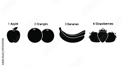 Fresh fruit icons apple oranges bananas strawberries black silhouettes on white background healthy eating nutrition concept