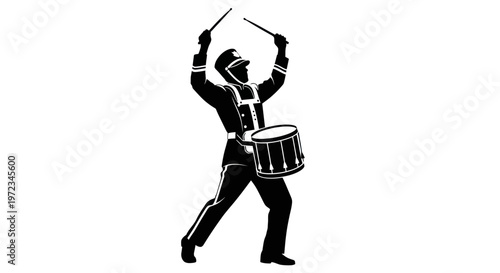 Drummer Silhouette in Marching Band Uniform Playing Snare Drum