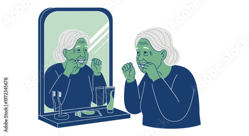 Elderly Woman Brushing Teeth in Mirror, Dental Hygiene Routine
